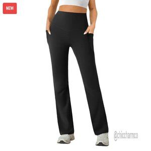 High Waist Yoga Pants with Side Pockets Stretchy Straight Leg